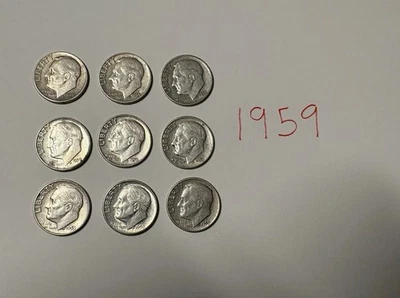 1959 Roosevelt Silver Dimes - Lot of 9 Circulated Time Capsule Condition  - Image 1 of 2