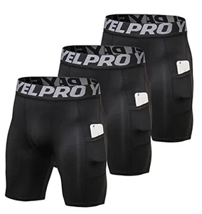 Men's Athletic Compression Shorts with Pockets Large 3 Pack - Black+black+black - Picture 1 of 8