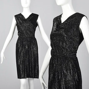 L 1960s 28 Shop Black Lurex Paisley Pencil Dress Cowl Neck Cocktail Party VTG - Picture 1 of 12