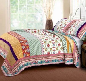 BEAUTIFUL BLUE PURPLE GREEN RED YELLOW IVORY BOHEMIAN BOHO SOUTHWEST QUILT SET - Picture 1 of 5