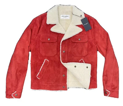 $5,500 Saint Laurent Red Suede Shearing Jacket Size Large, EU 52 Made in Italy - Image 1 of 4