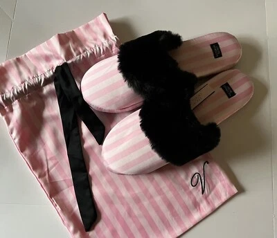 NWT Victorias Secret Pink & White Striped Satin Faux Fur Slippers & Dust Bag M - Image 1 of 4