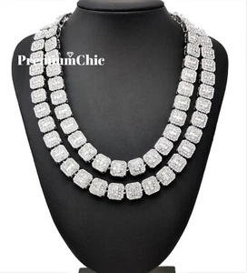 Baguette Cluster Tennis Chain Designer Necklace ICED Plated CZ Jewelry Men Women - Picture 1 of 16