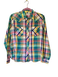 70s Western Shirt Ely Plains Pearl Snap Pink Plaid Cowgirl USA Womens 13/14 - Picture 1 of 9
