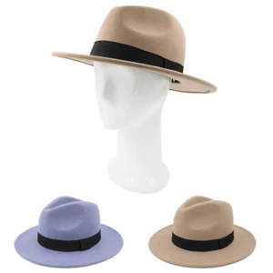 Premium 100% Wool Wide Brim Classic Black Band Felt Fedora Panama Hat - Picture 1 of 13