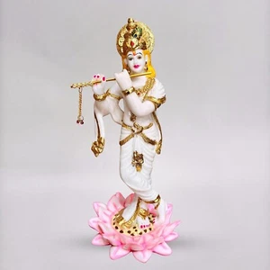 Estatua de mármol ídolo del Señor Krishna hecha a mano obra dorada por artista experto para el hogar - Imagen 1 de 7
