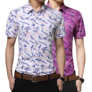 Mens Dress Shirts Short Sleeves Luxury Casual Slim Fit Camisas Multicolor Shirts - Picture 1 of 13