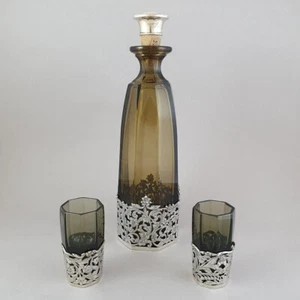 Antique Set Crystal & Steling Silver Decanther And 2 Glasses 10 Perfect Gift - Picture 1 of 9