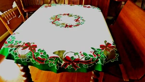 68" Round Holly, Horns, Christmas Tablecloth Sunweave Line Corp. Cotton Blend - Picture 1 of 18