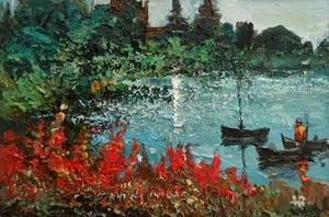 TR Artist Card 3.5x2.5" Aceo Original Oil Painting Lake Sea Nature Boats - Picture 1 of 1
