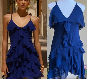 Mini Vestido Alice + Olivia Lavinia Azul Chifón Volantes Correa US4 - Imagen 1 de 14