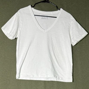 FAHERTY Women’s Size Small White 100% Organic Cotton Short Sleeve Shirt V-neck - Picture 1 of 7