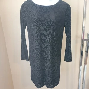 ECI New York Womens Black Velvet Baroque Textured Bell Sleeve Shift Dress Large - Picture 1 of 10