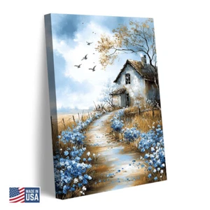 Home Decor Wall Art Rustic House Pathway Blue Flowers Trees Painting Landscape - Picture 1 of 8