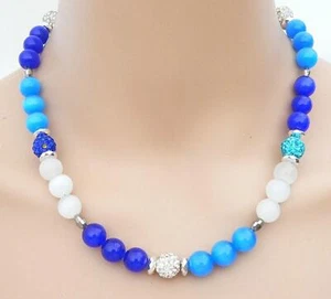 Halskette Glas Perle Cat Eye Blautöne blau türkis weiß Strass 114b - Bild 1 von 12