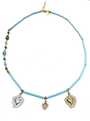 Collarino diWa Jewels turchese 4 fiori ematite argento charms cuori ex voto - Immagine 1 di 4