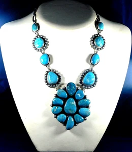 NAVAJO E STERLING 19 TURQUOISE HANDMADE Traditional NECKLACE - Picture 1 of 6