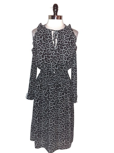 Abito MICHAEL KORS Tg M A Line Nero Grigio Stampa Animalier Manica Lunga Spalla Fredda