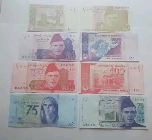Lot 8 PCS Pakistan Currency Bill Notes Set: 10, 50, 100, 75 (2 Each) Rupees UNC - Picture 1 of 13