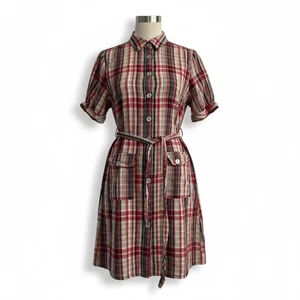 Vestido Blanco Ciervo Mujer 18W/20W Rojo Cuadros Manga Corta Botón Delantero Cinturón Lino - Imagen 1 de 6