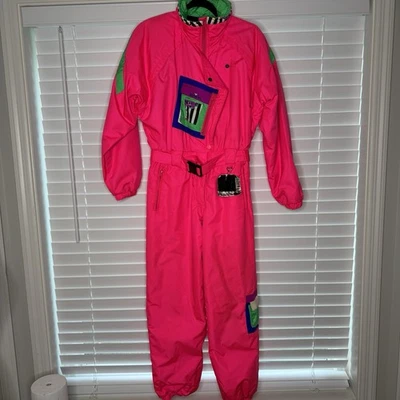 Vtg 80s 90s Size Juniors 16 Obermeyer Fluorescent Neon Pink Ski Suit Snowsuit - Image 1 of 4