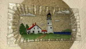 Vtg Handpainted DEER ISLAND MAINE LIGHTHOUSE FISH BOAT CAPE SHORE Glass Tray - Picture 1 of 8
