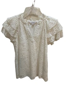 Nanette Lepore weiße Bluse mit Blumen-Spitze, XS dreilagig Flatterärmel, gefüttert - Bild 1 von 8