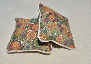Boho Square Outdoor/Indoor 2 Throw Pillows W/White Welt Cords free shipping - Picture 1 of 5