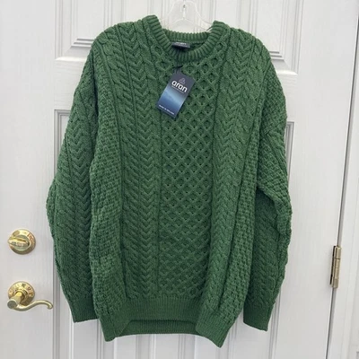 Aran Woollen Mills Fishermans Chunky Cable Knit Wool Sweater Green Wool Mens XL - Image 1 of 4