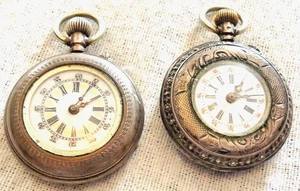 Pair antique Swiss Silver  Pin Set Pocket Watches engraved case flowers shield - Picture 1 of 10