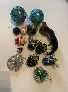 Vintage Retro Christmas Decorations Blue Bauble Japan Flocked Wooden Santa Bird - Picture 1 of 12