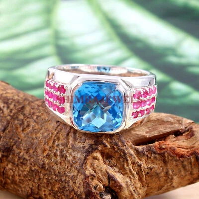 Topacio azul natural y piedras preciosas de rubí con anillo de plata de ley 925 para hombre #165 Foto 1 de 4