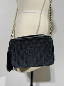CHANEL 90S Satin Quilted Tassel Camera Case Black BAG - Picture 1 of 13