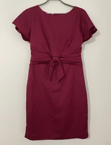 Review womens dress maroon satin short sleeve size 10 stretch bow defects - Picture 1 of 9