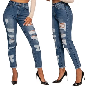 Pantalones de mezclilla de mujer cintura alta para mamá calce look usado destruido hasta el tobillo - Imagen 1 de 8