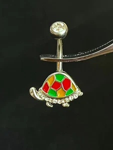 Enamel Turtle Belly Ring CZ Gem Pierced Navel Animal 316L Stainless Steel 14g - Picture 1 of 6