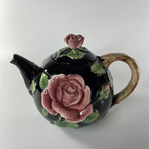 Fitz and Floyd Roses Teapot 1987 Floral Leaves FF Japan Rare Cute One Chip - Picture 1 of 9