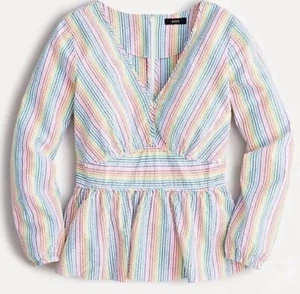 Top J.Crew scollo a V peplo arcobaleno multicolore cotone Seersucker AM647 taglia 4 - Foto 1 di 5