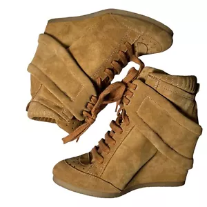 Womens Zara Suede Lace Up High Heel Wedge Booties Taupe Sneaker Sz 39 US 8 Camel - Picture 1 of 10