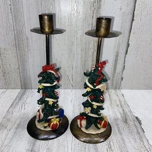 Set Of 2 Vintage Christmas Candle Sticks Christmas Trees & Presents - Picture 1 of 5