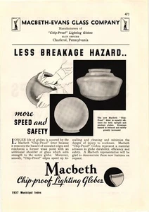 Macbeth Evans Chip Proof Lighting Globes Slater Lamps Charleroi PA 1937 Print Ad - Picture 1 of 2
