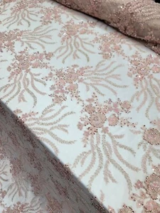 Pink Blush Beaded Lace Floral Embroidered Sequins Mesh Prom Fabric Sold By Yard - Picture 1 of 13