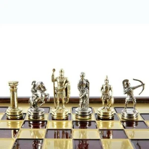 Manopoulos Archers Small Chess Set - Brass Nickel Pawns - Red Brass Wooden case - Picture 1 of 5