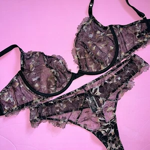 Victoria's Secret unlined 34DD BRA SET XL BLACK gold rose Pink beige EMBROIDERED - Picture 1 of 5