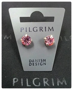 NEW PILGRIM SILVER PLATED EARRINGS PINK CRYSTALS CLASSIC STUD NICKEL FREE - Picture 1 of 1