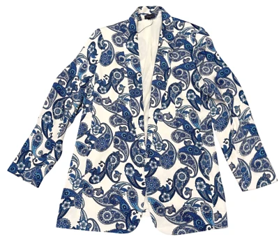 CHAQUETA BLAZER BOYFRIEND FRONTAL ABIERTO PAISLEY NUEVA EXPRESS AZUL BLANCO TALLA M Foto 1 de 4
