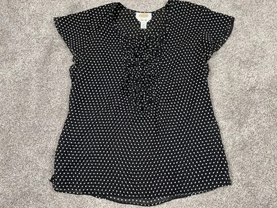 Vintage Talbots Shirt Womens 10 Black Silk Polka Dot Blouse Ruffle Y2K Babydoll - Image 1 of 4