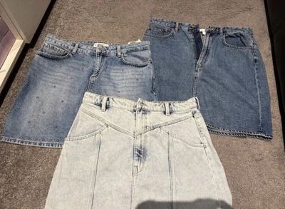 3 denim mini skirts embellished H&M uk12 Mango M light blue short skirts £68 - Image 1 of 4