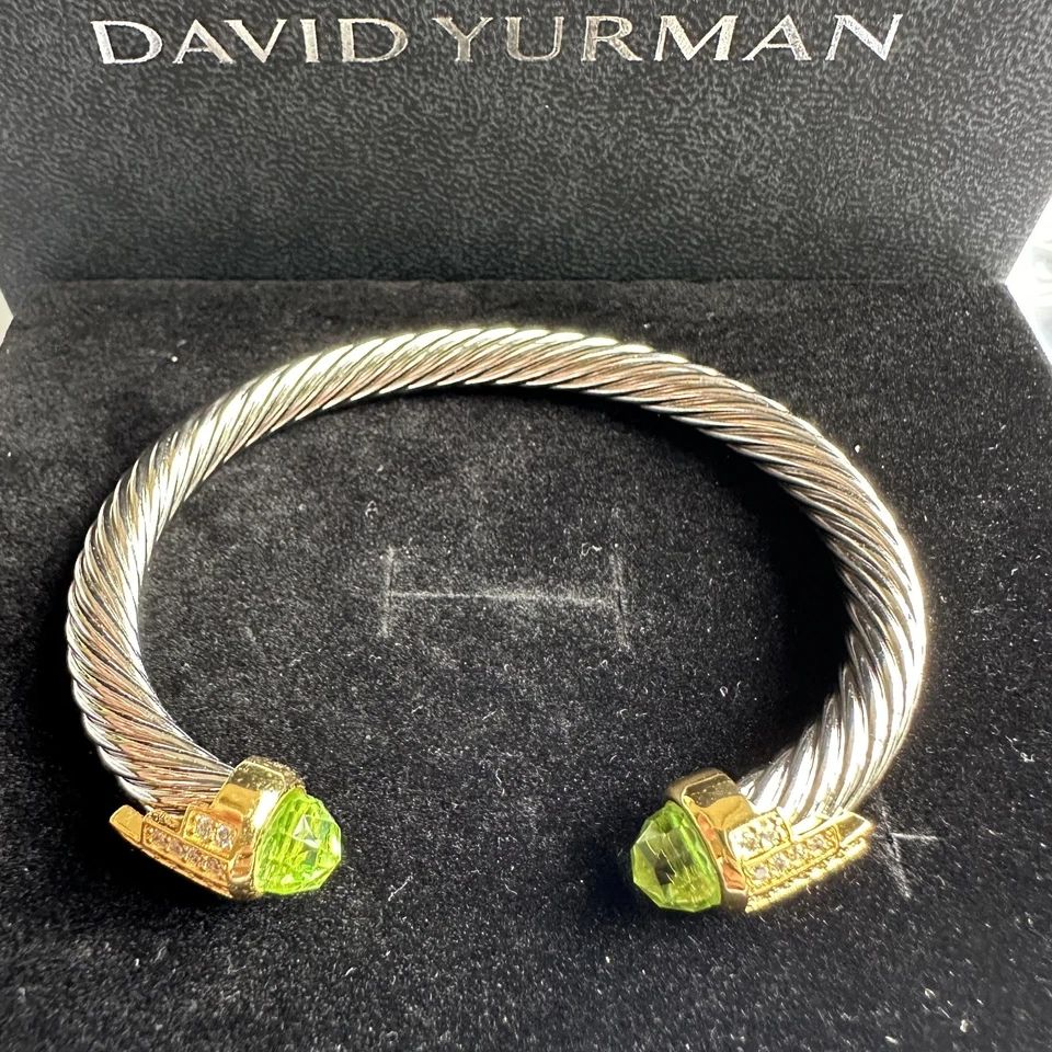 David Yurman Plata de Ley 7mm Cable Brazalete con Piedras Verde Claro Foto 1 de 4