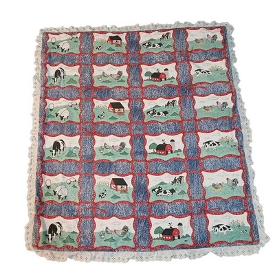 Edredón infantil de colección granja campo granero vacas ovejas blanco encaje borde 49X40" LEER  Foto 1 de 4